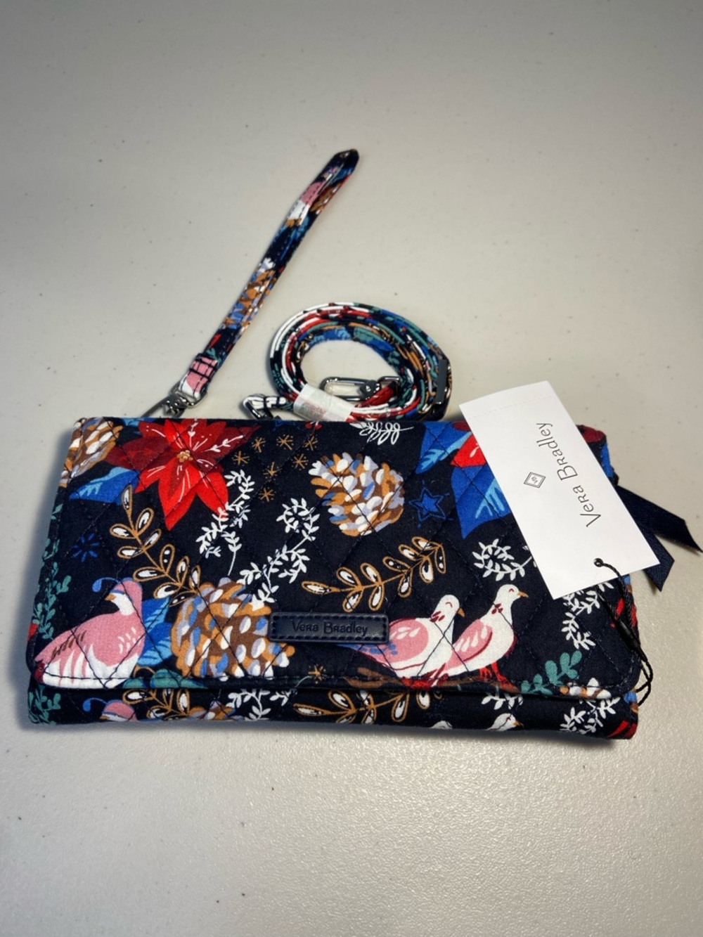 Vera Bradley Navy Floral & Bird Quilted Crossbody Wallet